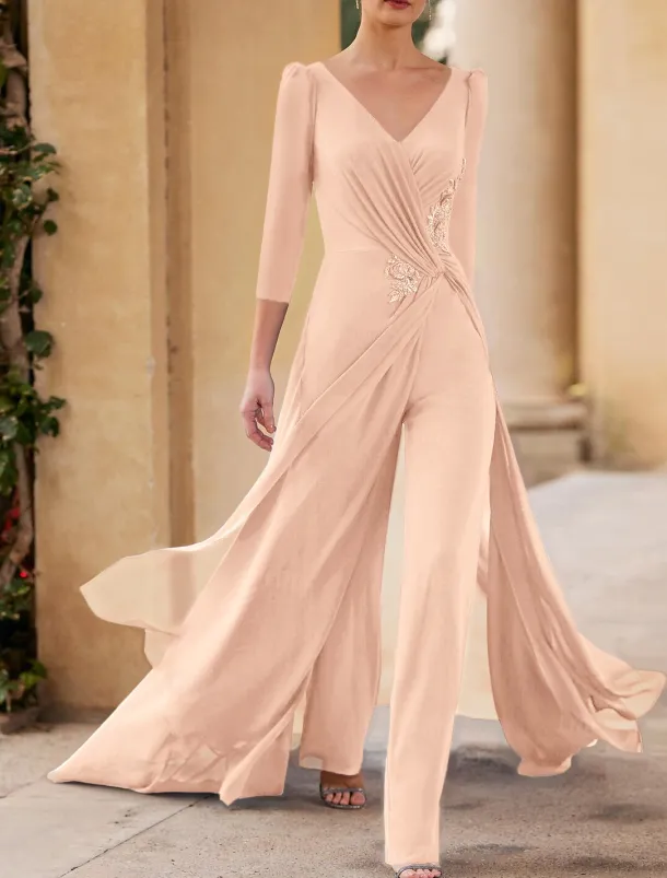 Jumpsuit / Pantsuit Mother of the Bride Formal Wedding Guest Elegant Straight Neckline V Neck Floor Length Chiffon 3/4 Length Sleeve with Ruched Cascading Ruffles free custom size