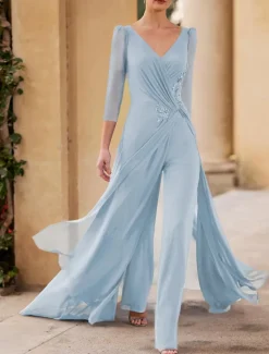 Jumpsuit / Pantsuit Mother of the Bride Formal Wedding Guest Elegant Straight Neckline V Neck Floor Length Chiffon 3/4 Length Sleeve with Ruched Cascading Ruffles free custom size