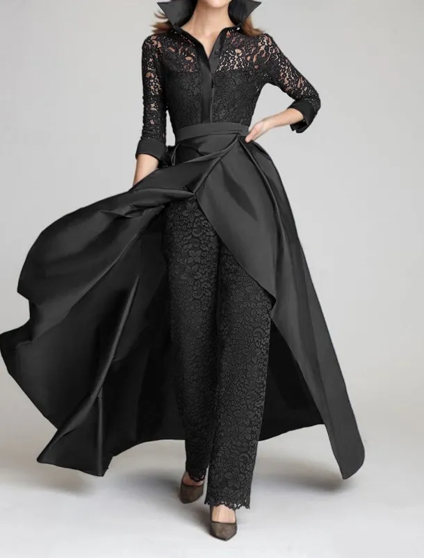 Jumpsuit / Pantsuit Mother of the Bride Formal Wedding Guest Vintage Party Shirt Collar Floor Length Satin Lace 3/4 Length Sleeve with Ruching free custom size