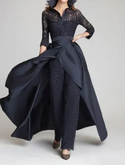 Jumpsuit / Pantsuit Mother of the Bride Formal Wedding Guest Vintage Party Shirt Collar Floor Length Satin Lace 3/4 Length Sleeve with Ruching free custom size