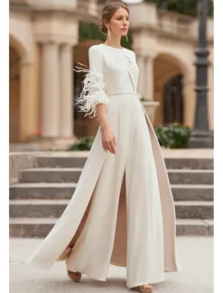 Jumpsuit Formal Wedding Mother of the Bride Elegant Vintage Floor Length Stretch Chiffon Half Sleeve with Race Day Dress