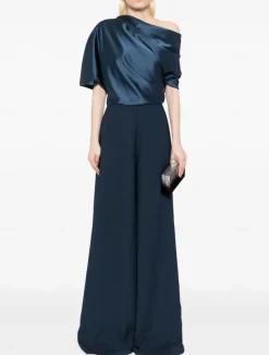 Jumpsuit Mother of the Bride Dress Wedding Guest Simple Minimalist One Shoulder Floor Length Satin Stretch Fabric Short Sleeve with Ruched