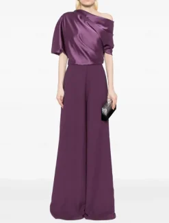 Jumpsuit Mother of the Bride Dress Wedding Guest Simple Minimalist One Shoulder Floor Length Satin Stretch Fabric Short Sleeve with Ruched