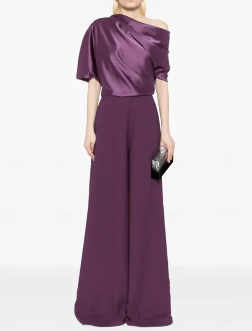 Jumpsuit Mother of the Bride Dress Wedding Guest Simple Minimalist One Shoulder Floor Length Satin Stretch Fabric Short Sleeve with Ruched