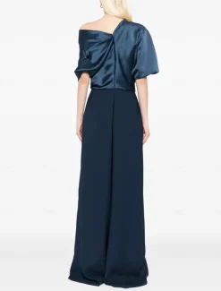 Jumpsuit Mother of the Bride Dress Wedding Guest Simple Minimalist One Shoulder Floor Length Satin Stretch Fabric Short Sleeve with Ruched