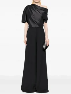 Jumpsuit Mother of the Bride Dress Wedding Guest Simple Minimalist One Shoulder Floor Length Satin Stretch Fabric Short Sleeve with Ruched