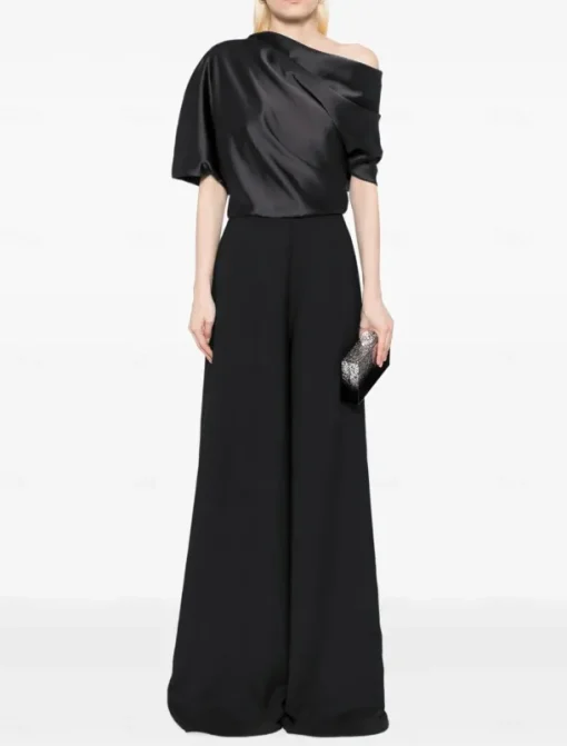 Jumpsuit Mother of the Bride Dress Wedding Guest Simple Minimalist One Shoulder Floor Length Satin Stretch Fabric Short Sleeve with Ruched