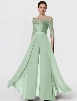 Jumpsuit Mother of the Bride Formal Wedding Guest Elegant Party Scoop Neck Ankle Length Chiffon Lace 3/4 Length Sleeve with Appliques