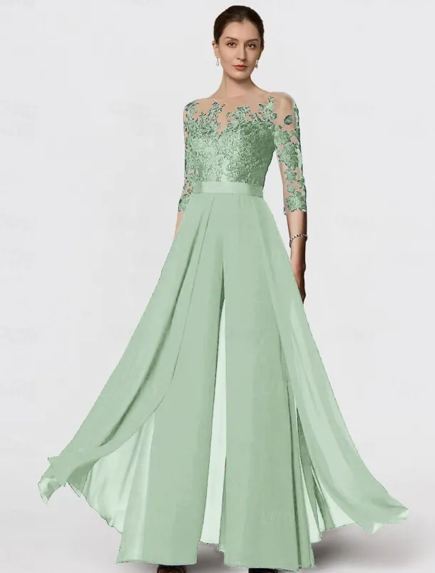 Jumpsuit Mother of the Bride Formal Wedding Guest Elegant Party Scoop Neck Ankle Length Chiffon Lace 3/4 Length Sleeve with Appliques