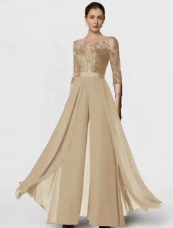 Jumpsuit Mother of the Bride Formal Wedding Guest Elegant Party Scoop Neck Ankle Length Chiffon Lace 3/4 Length Sleeve with Appliques