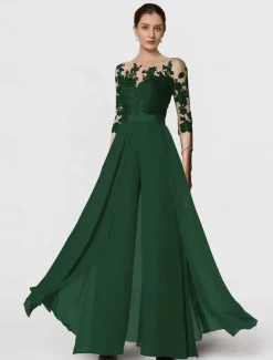 Jumpsuit Mother of the Bride Formal Wedding Guest Elegant Party Scoop Neck Ankle Length Chiffon Lace 3/4 Length Sleeve with Appliques