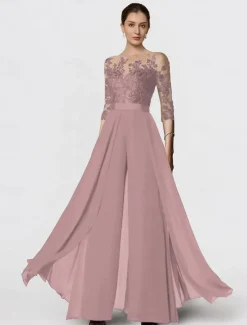 Jumpsuit Mother of the Bride Formal Wedding Guest Elegant Party Scoop Neck Ankle Length Chiffon Lace 3/4 Length Sleeve with Appliques