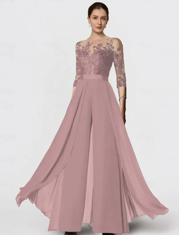 Jumpsuit Mother of the Bride Formal Wedding Guest Elegant Party Scoop Neck Ankle Length Chiffon Lace 3/4 Length Sleeve with Appliques