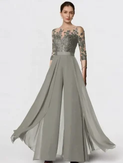 Jumpsuit Mother of the Bride Formal Wedding Guest Elegant Party Scoop Neck Ankle Length Chiffon Lace 3/4 Length Sleeve with Appliques