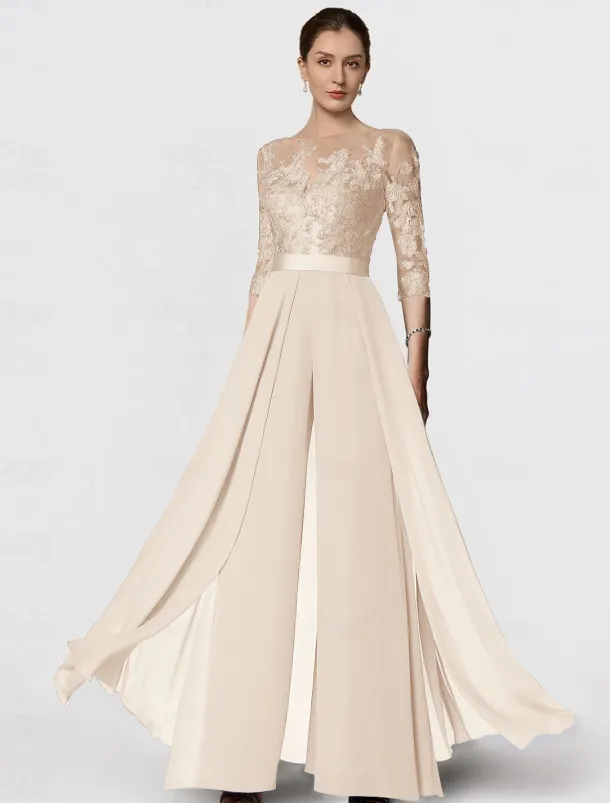 Jumpsuit Mother of the Bride Formal Wedding Guest Elegant Party Scoop Neck Ankle Length Chiffon Lace 3/4 Length Sleeve with Appliques