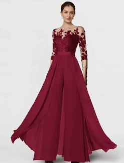 Jumpsuit Mother of the Bride Formal Wedding Guest Elegant Party Scoop Neck Ankle Length Chiffon Lace 3/4 Length Sleeve with Appliques