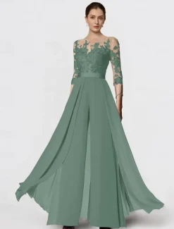 Jumpsuit Mother of the Bride Formal Wedding Guest Elegant Party Scoop Neck Ankle Length Chiffon Lace 3/4 Length Sleeve with Appliques