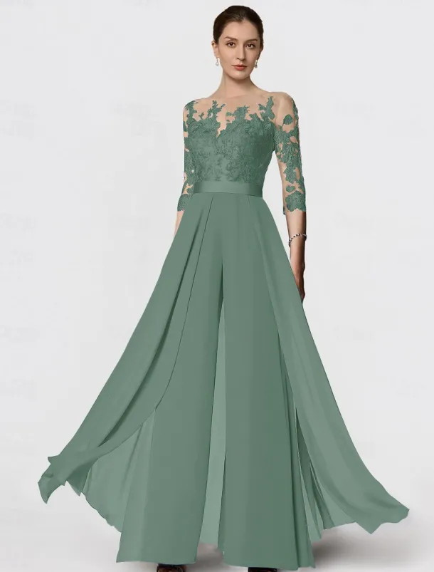 Jumpsuit Mother of the Bride Formal Wedding Guest Elegant Party Scoop Neck Ankle Length Chiffon Lace 3/4 Length Sleeve with Appliques