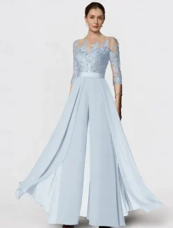 Jumpsuit Mother of the Bride Formal Wedding Guest Elegant Party Scoop Neck Ankle Length Chiffon Lace 3/4 Length Sleeve with Appliques