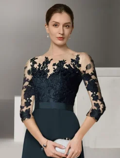 Jumpsuit Mother of the Bride Formal Wedding Guest Elegant Party Scoop Neck Ankle Length Chiffon Lace 3/4 Length Sleeve with Appliques