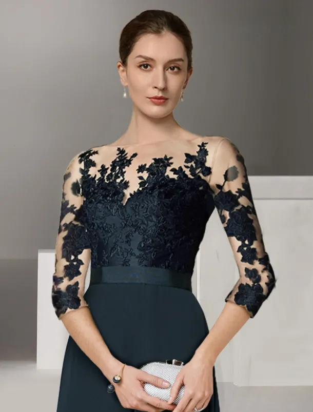 Jumpsuit Mother of the Bride Formal Wedding Guest Elegant Party Scoop Neck Ankle Length Chiffon Lace 3/4 Length Sleeve with Appliques