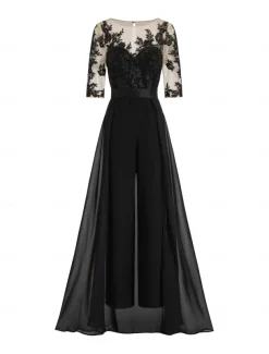 Jumpsuit Mother of the Bride Formal Wedding Guest Elegant Party Scoop Neck Ankle Length Chiffon Lace 3/4 Length Sleeve with Appliques