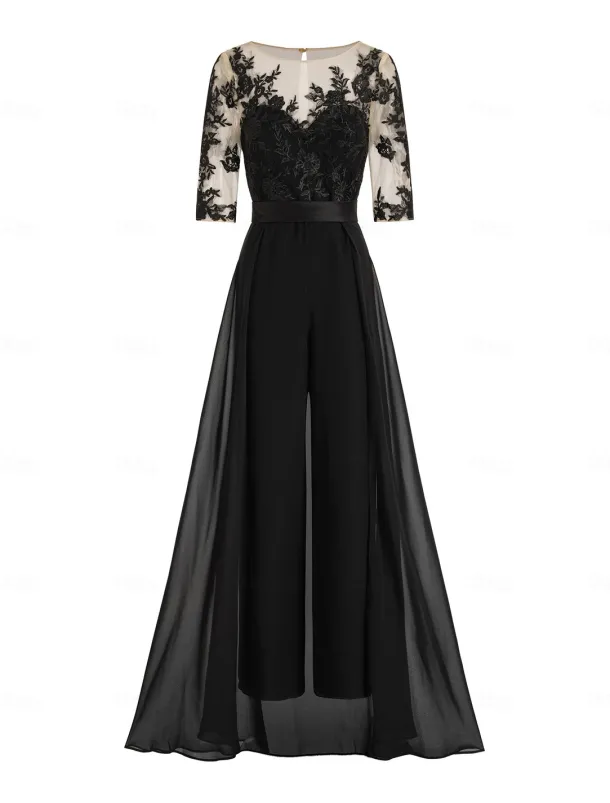 Jumpsuit Mother of the Bride Formal Wedding Guest Elegant Party Scoop Neck Ankle Length Chiffon Lace 3/4 Length Sleeve with Appliques