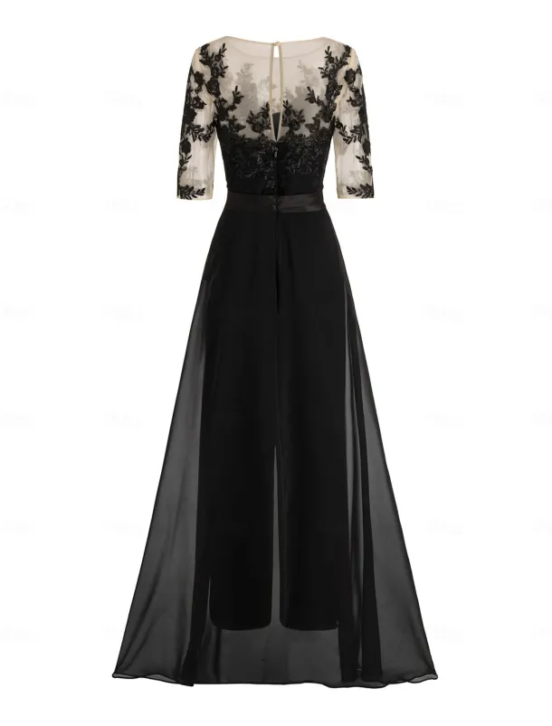 Jumpsuit Mother of the Bride Formal Wedding Guest Elegant Party Scoop Neck Ankle Length Chiffon Lace 3/4 Length Sleeve with Appliques