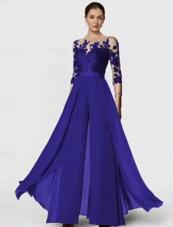 Jumpsuit Mother of the Bride Formal Wedding Guest Elegant Party Scoop Neck Ankle Length Chiffon Lace 3/4 Length Sleeve with Appliques