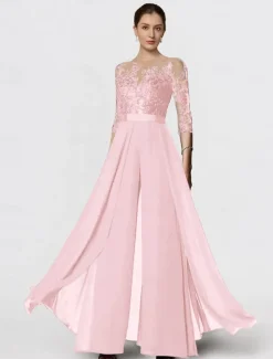 Jumpsuit Mother of the Bride Formal Wedding Guest Elegant Party Scoop Neck Ankle Length Chiffon Lace 3/4 Length Sleeve with Appliques