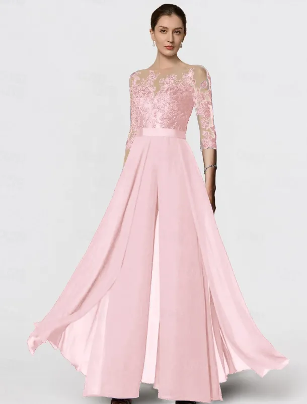 Jumpsuit Mother of the Bride Formal Wedding Guest Elegant Party Scoop Neck Ankle Length Chiffon Lace 3/4 Length Sleeve with Appliques