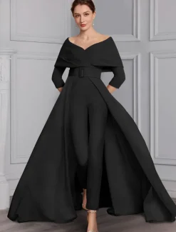 Jumpsuit Mother of the Bride Formal Wedding Guest Elegant Party Scoop Neck Off Shoulder Ankle Length Stretch Fabric 3/4 Length Sleeve with Sash / Ribbon