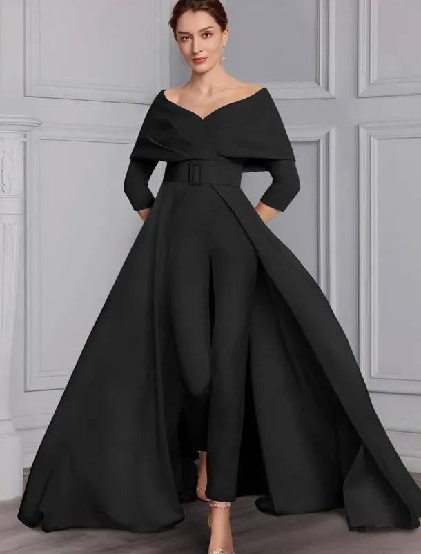 Jumpsuit Mother of the Bride Formal Wedding Guest Elegant Party Scoop Neck Off Shoulder Ankle Length Stretch Fabric 3/4 Length Sleeve with Sash / Ribbon