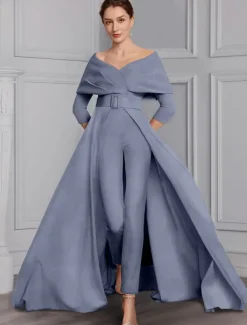 Jumpsuit Mother of the Bride Formal Wedding Guest Elegant Party Scoop Neck Off Shoulder Ankle Length Stretch Fabric 3/4 Length Sleeve with Sash / Ribbon