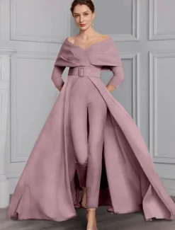 Jumpsuit Mother of the Bride Formal Wedding Guest Elegant Party Scoop Neck Off Shoulder Ankle Length Stretch Fabric 3/4 Length Sleeve with Sash / Ribbon