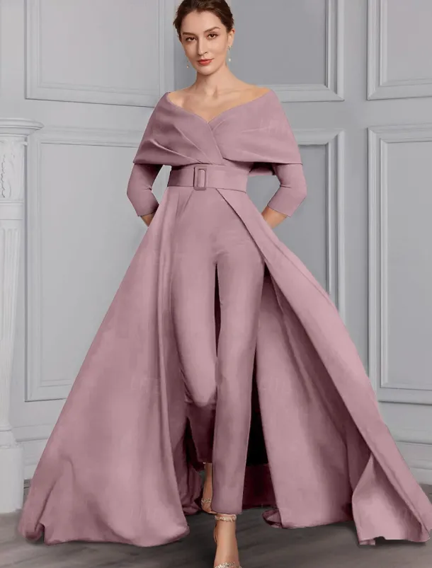 Jumpsuit Mother of the Bride Formal Wedding Guest Elegant Party Scoop Neck Off Shoulder Ankle Length Stretch Fabric 3/4 Length Sleeve with Sash / Ribbon
