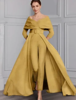Jumpsuit Mother of the Bride Formal Wedding Guest Elegant Party Scoop Neck Off Shoulder Ankle Length Stretch Fabric 3/4 Length Sleeve with Sash / Ribbon