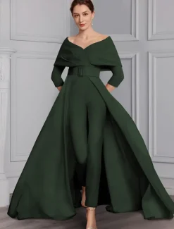Jumpsuit Mother of the Bride Formal Wedding Guest Elegant Party Scoop Neck Off Shoulder Ankle Length Stretch Fabric 3/4 Length Sleeve with Sash / Ribbon