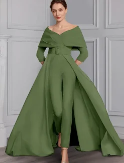 Jumpsuit Mother of the Bride Formal Wedding Guest Elegant Party Scoop Neck Off Shoulder Ankle Length Stretch Fabric 3/4 Length Sleeve with Sash / Ribbon