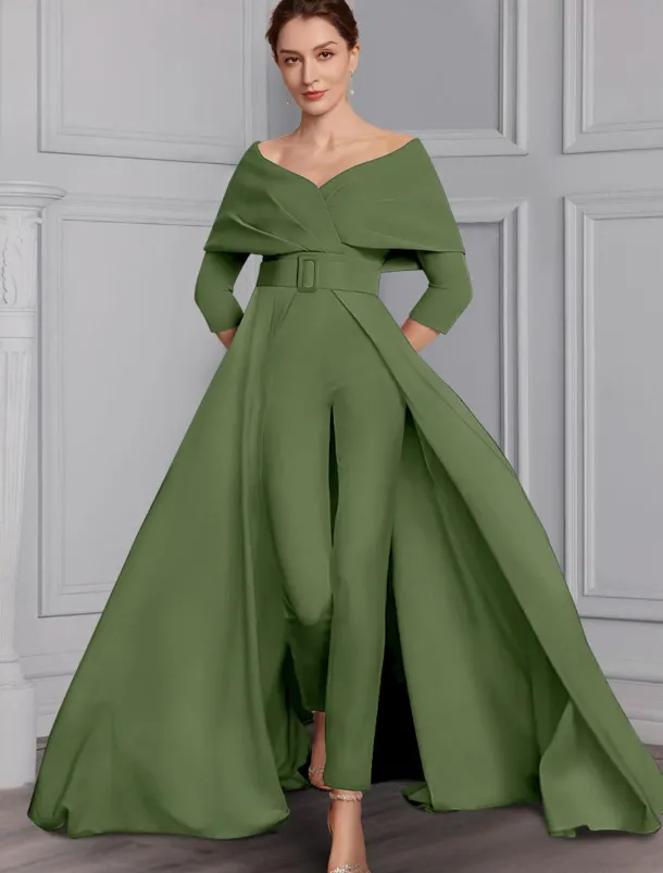 Jumpsuit Mother of the Bride Formal Wedding Guest Elegant Party Scoop Neck Off Shoulder Ankle Length Stretch Fabric 3/4 Length Sleeve with Sash / Ribbon