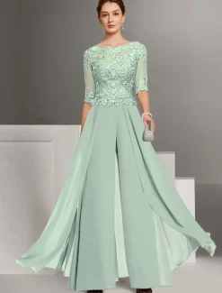 Jumpsuit Mother of the Bride Wedding Guest Church Elegant Petite Bateau Neck Floor Length Chiffon Half Sleeve with Appliques