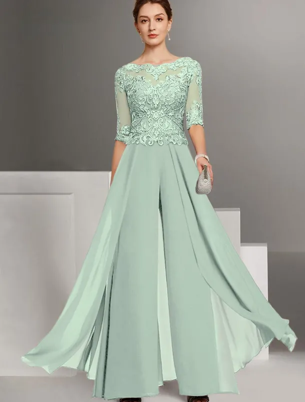 Jumpsuit Mother of the Bride Wedding Guest Church Elegant Petite Bateau Neck Floor Length Chiffon Half Sleeve with Appliques
