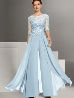 Jumpsuit Mother of the Bride Wedding Guest Church Elegant Petite Bateau Neck Floor Length Chiffon Half Sleeve with Appliques