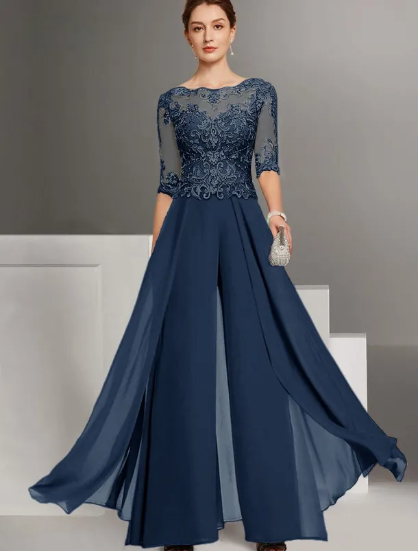 Jumpsuit Mother of the Bride Wedding Guest Church Elegant Petite Bateau Neck Floor Length Chiffon Half Sleeve with Appliques