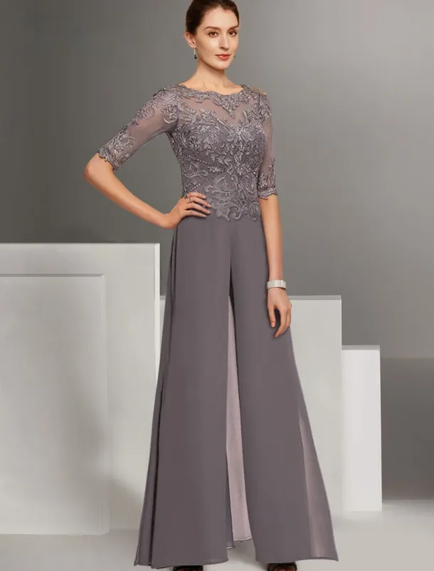 Jumpsuit Mother of the Bride Wedding Guest Church Elegant Petite Bateau Neck Floor Length Chiffon Half Sleeve with Appliques