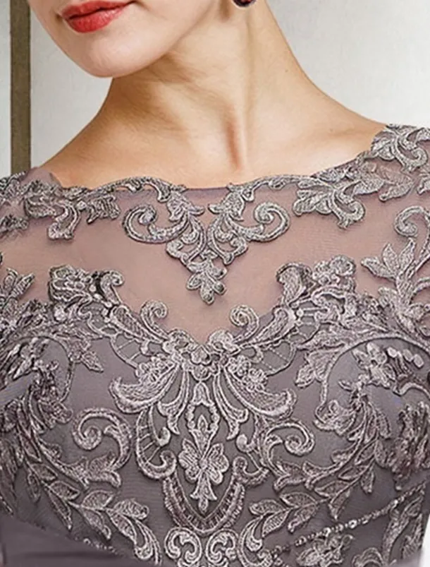 Jumpsuit Mother of the Bride Wedding Guest Church Elegant Petite Bateau Neck Floor Length Chiffon Half Sleeve with Appliques