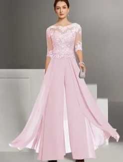 Jumpsuit Mother of the Bride Wedding Guest Church Elegant Petite Bateau Neck Floor Length Chiffon Half Sleeve with Appliques