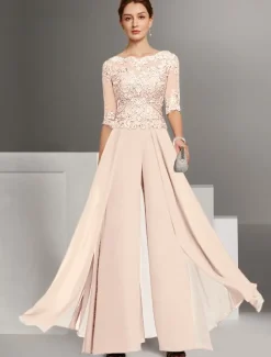 Jumpsuit Mother of the Bride Wedding Guest Church Elegant Petite Bateau Neck Floor Length Chiffon Half Sleeve with Appliques