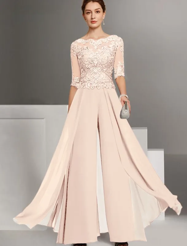 Jumpsuit Mother of the Bride Wedding Guest Church Elegant Petite Bateau Neck Floor Length Chiffon Half Sleeve with Appliques