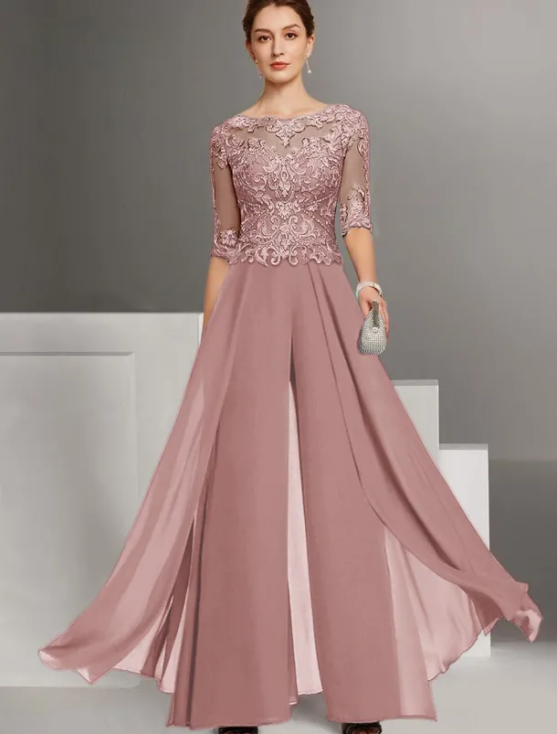 Jumpsuit Mother of the Bride Wedding Guest Church Elegant Petite Bateau Neck Floor Length Chiffon Half Sleeve with Appliques